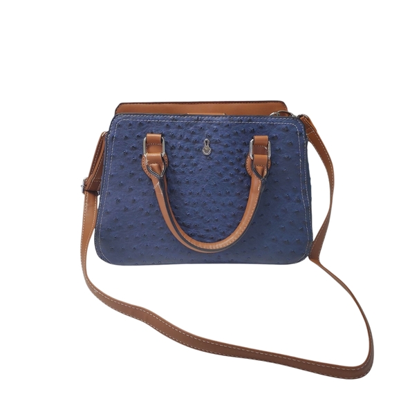 London Fog Blue and Brown Women's Satchel Bag With Detachable Strap - Picture 3 of 16